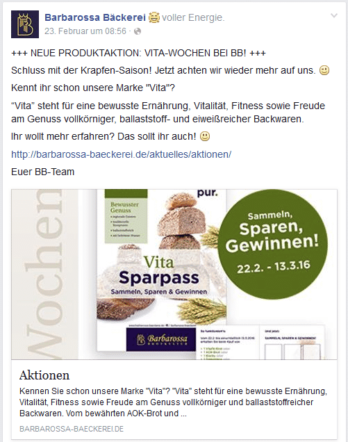 Werbetext auf Facebook, in dem das Vita-Brot beworben wird.