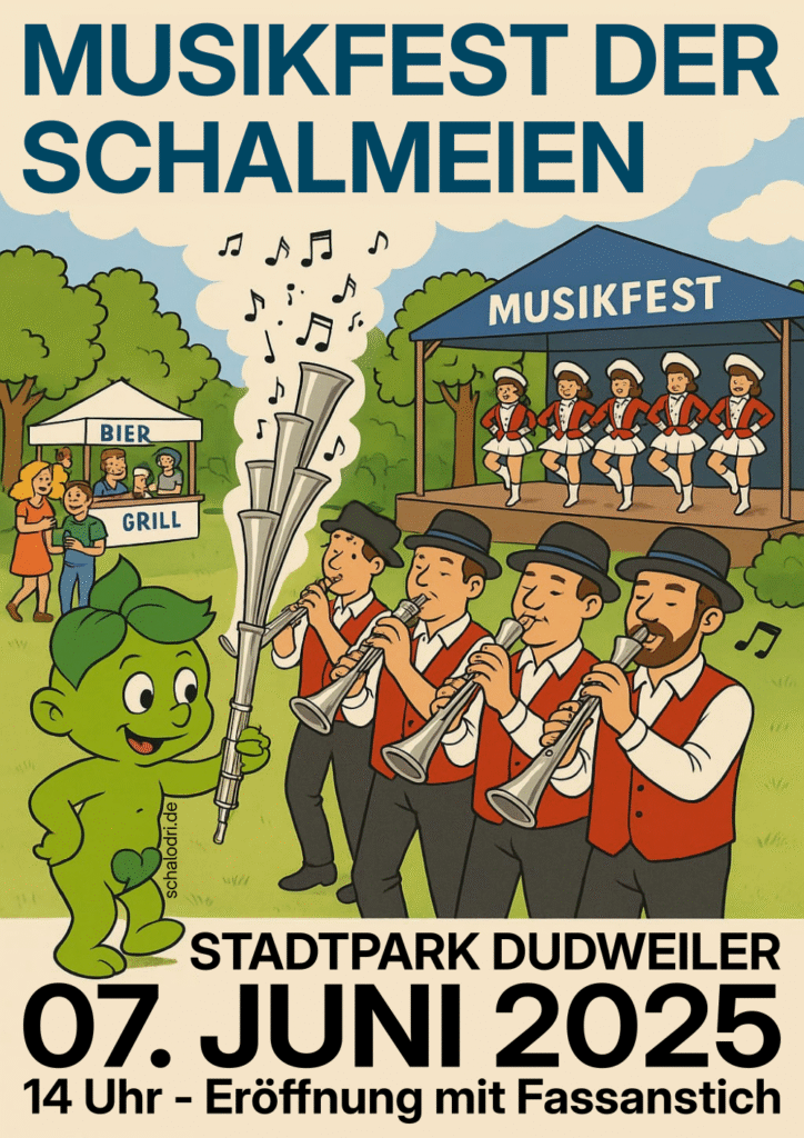 Plakat zum Musikfest. Titel: "Musikfest der Schalmeien", Text am Ende des Plakats: "Stadtpark Dudweiler, 07. Juni 2025, 14 Uhr Eröffnung mit Fassanstich" Zur Illustration ein Saarlodri mit Schalmei und drei Bläser.